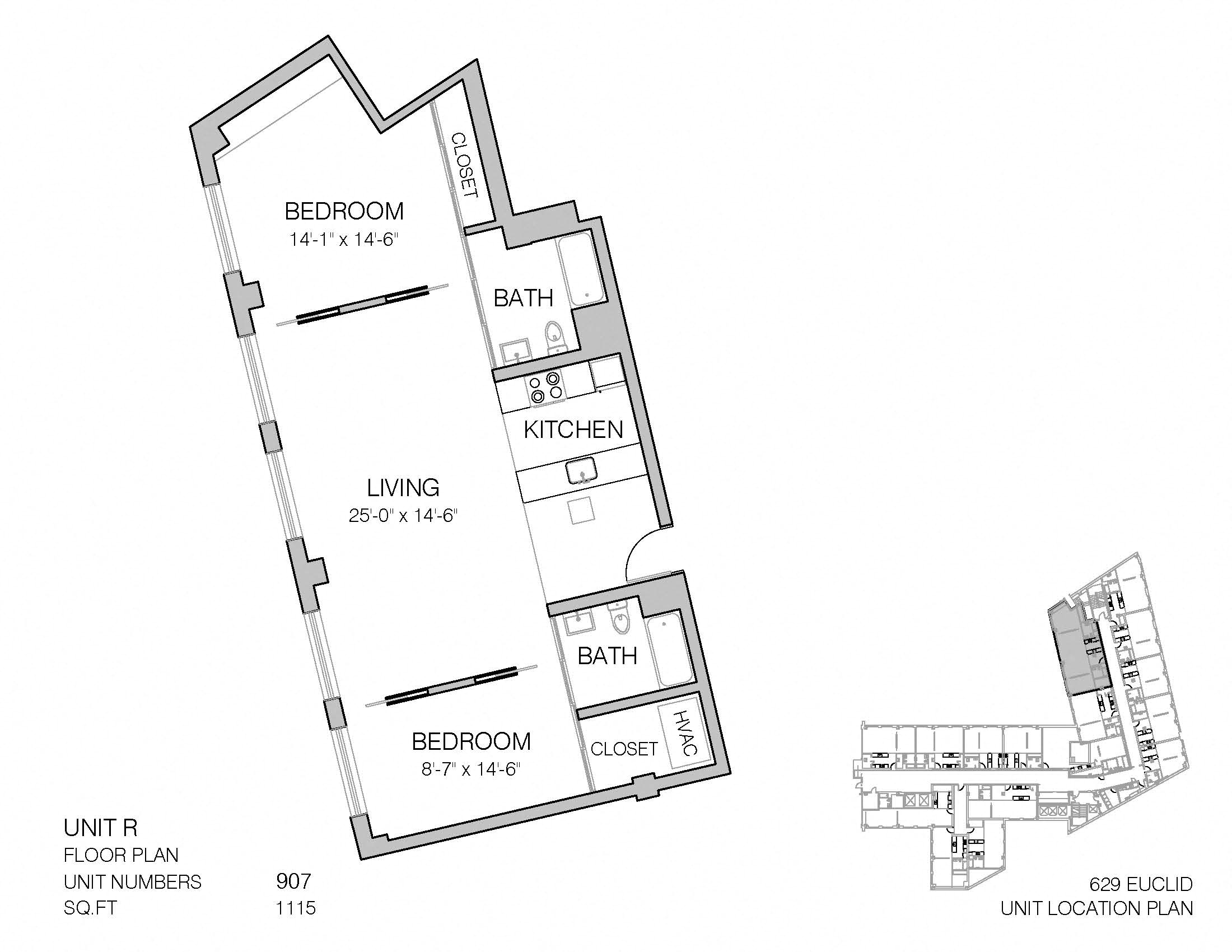 Floor plan for 2 beds, 2 baths, 1115 sqft